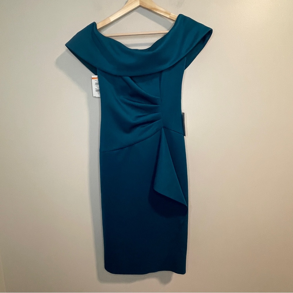 Xscape Teal Draped Off-Shoulder Sheath Dress
